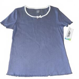 Colorful Planet Girls Ribbed Dusty Blue Short Sleeve White Trim Bow Coquette
